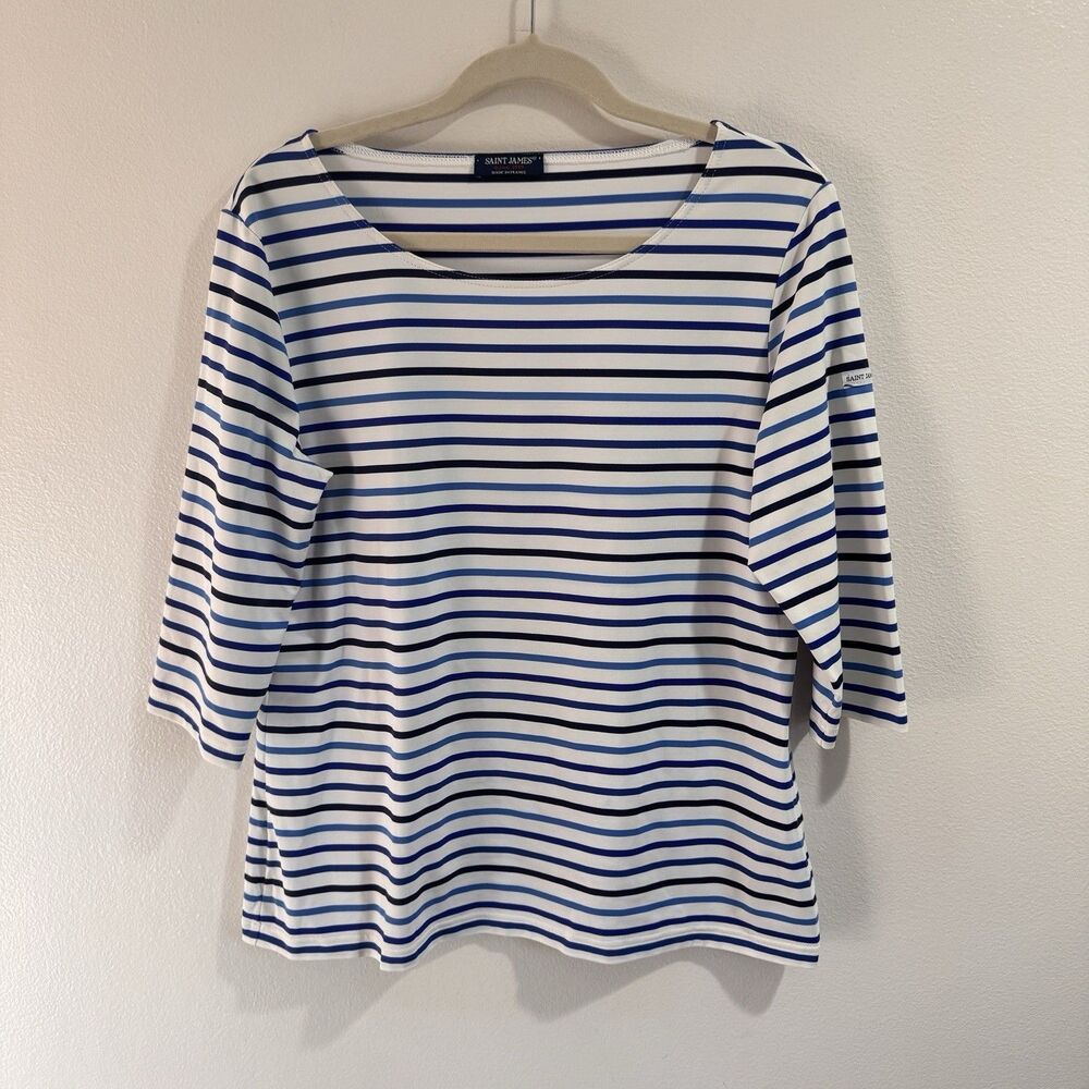 Saint James France Shirt Blouse 14 White Blue Nautical Boat Neck France Stretch